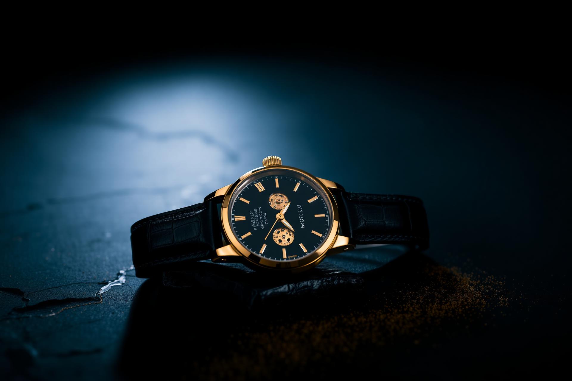 A gold mechanical watch resting on dark obsidian